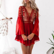 Load image into Gallery viewer, Hollow Out White Dress Sexy Women Mini Chiffon Dress Criss Cross Semi-sheer Plunge V-Neck Long Sleeve Crochet Lace Dress Black
