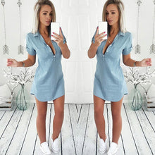 Load image into Gallery viewer, 2019 Women Fashion Summer Casual Jeans Dress Short Sleeve High Quality Solid Denim Sundress Turn Down Collar Mini Party