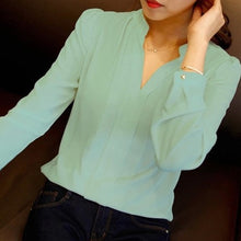 Load image into Gallery viewer, Spring Autumn White Blouses Office Shirts Women V-Neck Tops Long Sleeve Chiffon Blouse Female Ladies Work