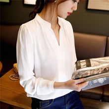 Load image into Gallery viewer, Spring Autumn White Blouses Office Shirts Women V-Neck Tops Long Sleeve Chiffon Blouse Female Ladies Work