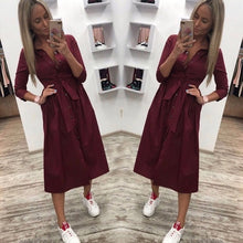 Load image into Gallery viewer, 2019 Women's Vintage Sashes Button Straight Dress Office Lady Seven Sleeve Elegant Party Dresses Women Casual Knee Length Dress