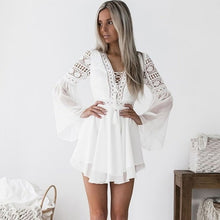 Load image into Gallery viewer, Hollow Out White Dress Sexy Women Mini Chiffon Dress Criss Cross Semi-sheer Plunge V-Neck Long Sleeve Crochet Lace Dress Black