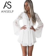 Load image into Gallery viewer, Hollow Out White Dress Sexy Women Mini Chiffon Dress Criss Cross Semi-sheer Plunge V-Neck Long Sleeve Crochet Lace Dress Black